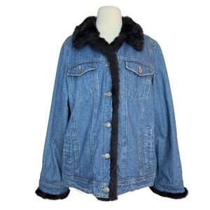 Vintage y2k Women Large Blue Denim Black Faux Fur Trim Jacket NY Street Style